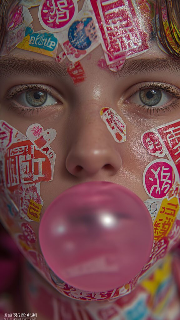 Close-up of a young person's face with light eyes, stickers on their skin, and a large pink bubblegum bubble.