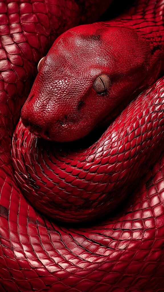 A vibrant red snake coiled tightly, with a focus on its head, eye, and the detailed texture of its scales.