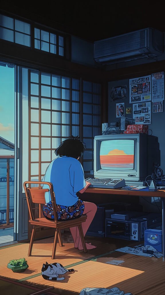 Person working on a retro computer in a cozy, sunlit room.