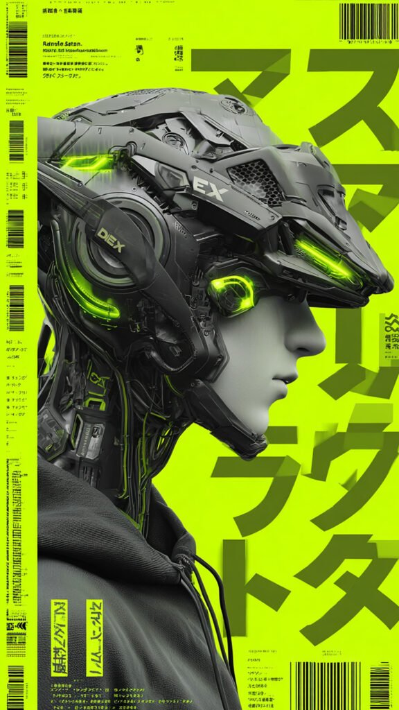 A person in profile wearing an intricate, futuristic helmet with glowing green lights against a bright lime green background with Japanese text overlays