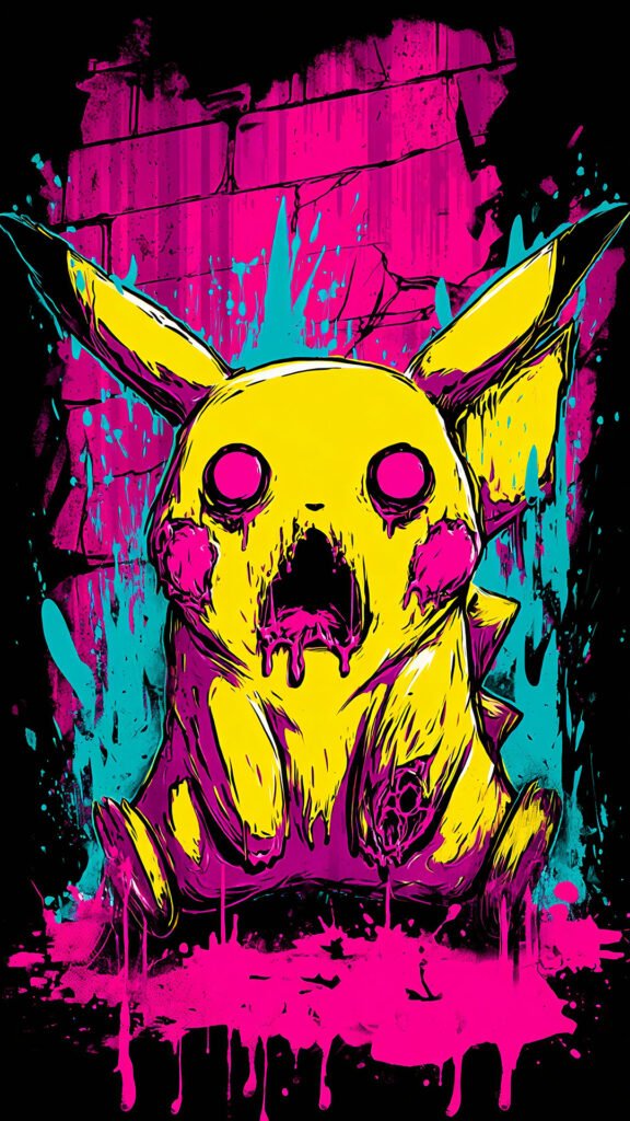 Vivid, grunge-style Pikachu illustration with pink and cyan splashes on a dark brick background