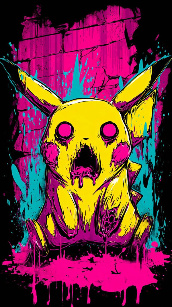 Vivid, grunge-style Pikachu illustration with pink and cyan splashes on a dark brick background