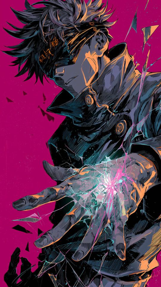 Gojo Satoru unleashing his power on a pink solidbackground