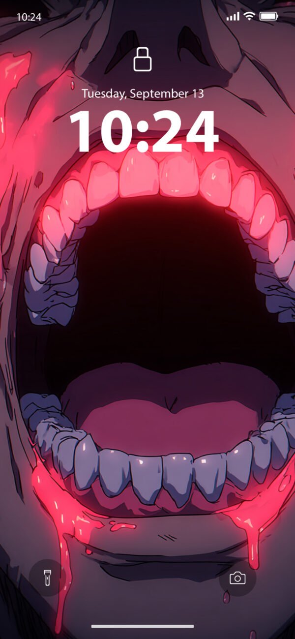 Lock screen of an extreme close-up of a screaming mouth, with the teeth and gums illuminated by a vivid pink glow as a matching liquid drips down