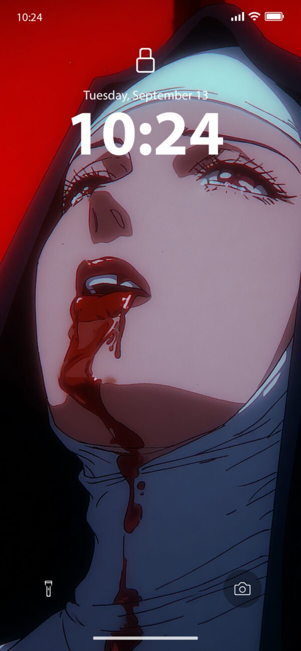 Lock screen of an anime-style illustration of a nun looking up with tears in her eyes as blood drips from her mouth against a dark red background.