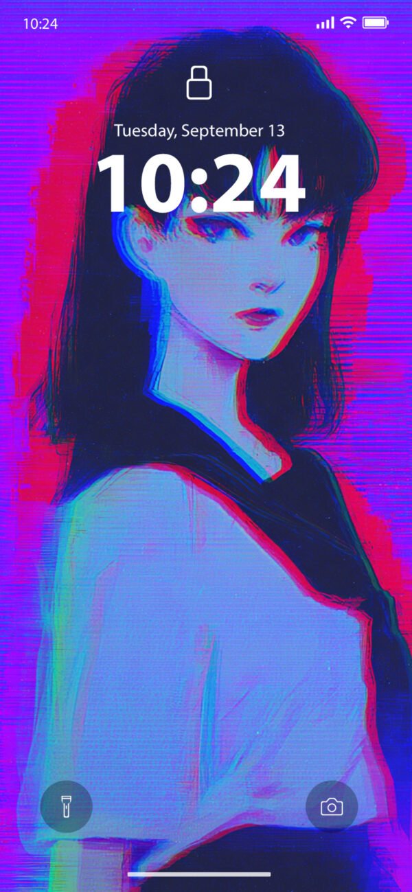 Lock screen of A portrait of a girl with dark hair, rendered with a purple, blue, and red glitch effect that distorts the image