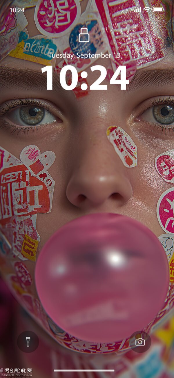 Lock screen of Close-up of a young person's face with light eyes, stickers on their skin, and a large pink bubblegum bubble.