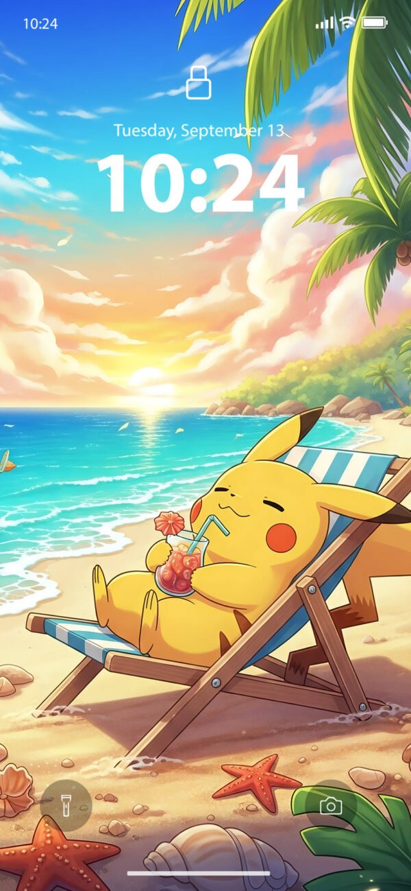 Lock screen of Pikachu relaxing on a beach chair with a drink at sunset.