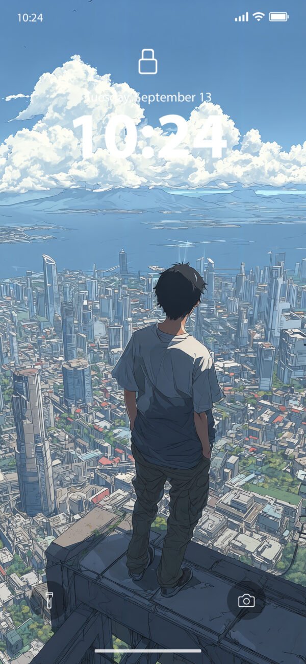 Lock Screen of an Anime character from behind, looking over a city from a rooftop