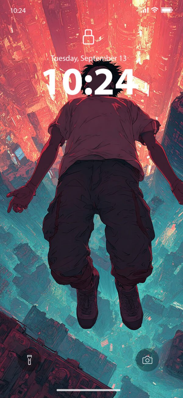 Lock screen of Person floating above a futuristic city in red and teal tones.
