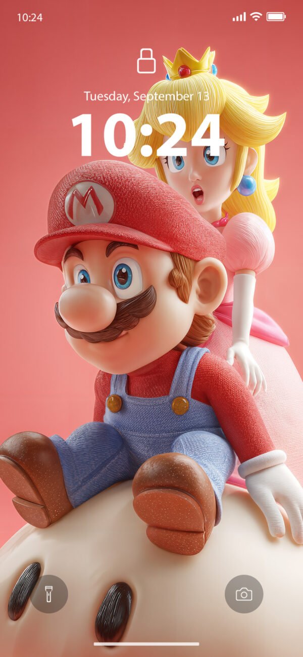 Lock screen of Realistic 3D render of Mario and Princess Peach.