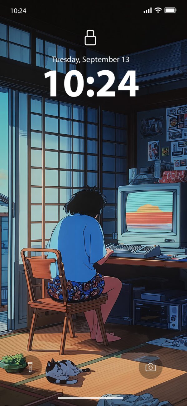 Lock screen of a Person working on a retro computer in a cozy, sunlit room.