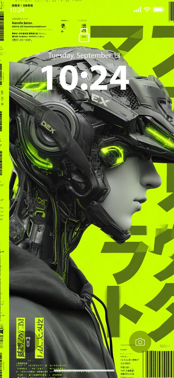 Lock screen of a person in profile wearing an intricate, futuristic helmet with glowing green lights against a bright lime green background with Japanese text overlays