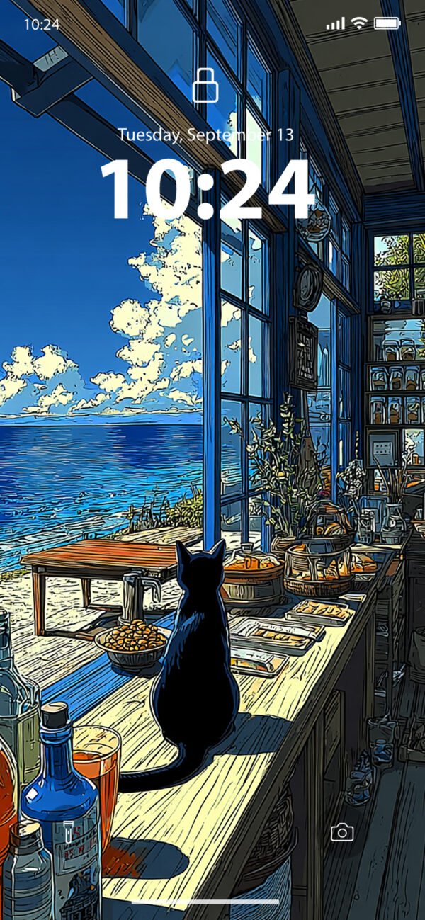 Lock screen of an anime illustration style, a black cat sits on a wooden counter, looking out a large window at a bright blue sea and sky