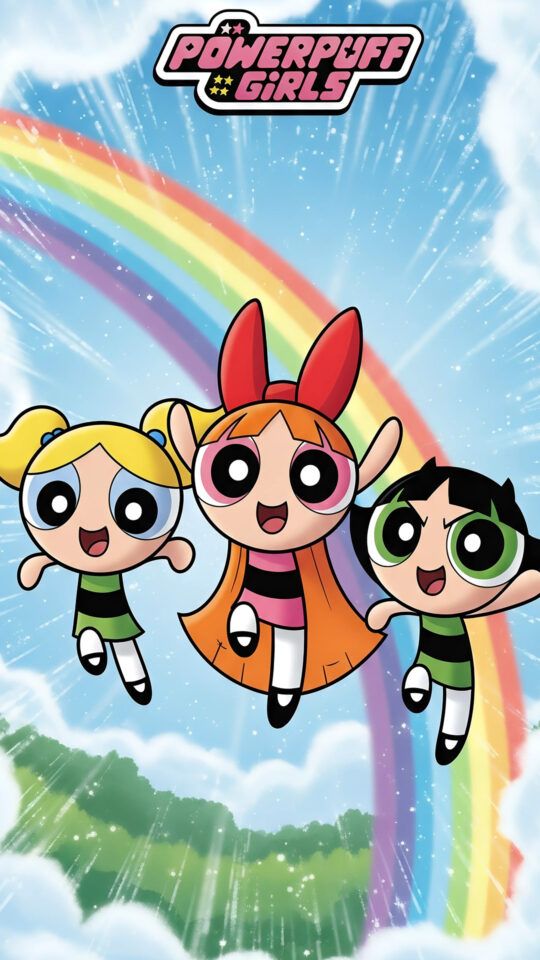 Powerpuff Girls flying, rainbow in the sky background