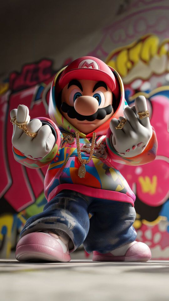 3D render of Super Mario dressed in a colorful hoodie, baggy jeans, and gold jewelry, posing confidently in front of a graffiti wall