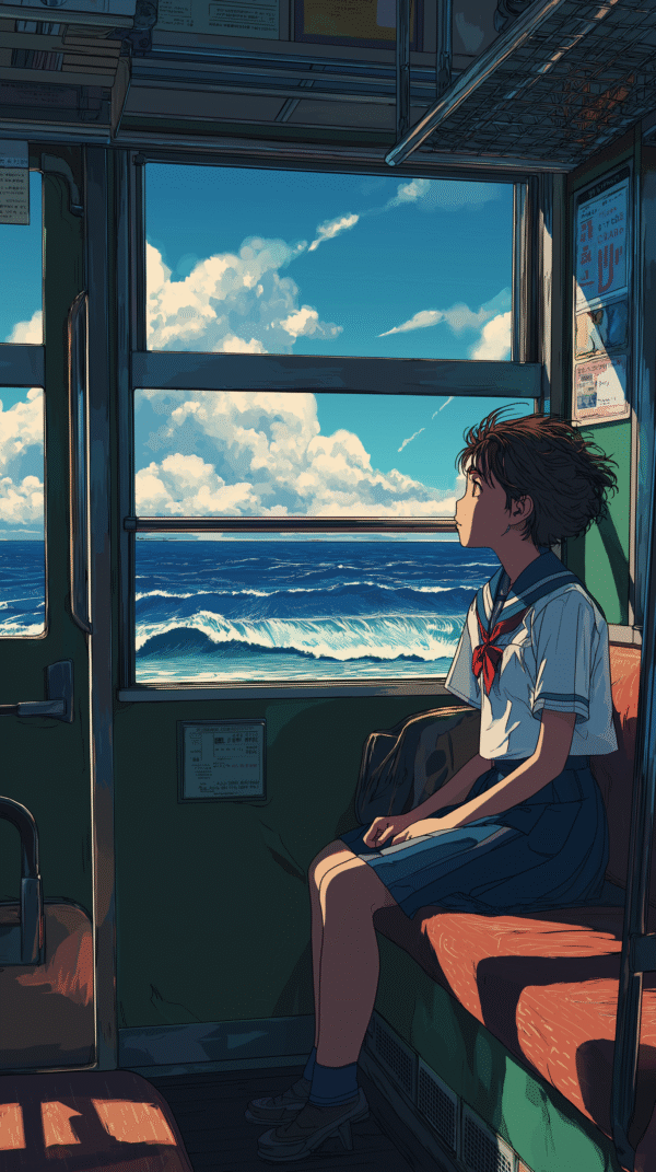 anime girl in Kamakura train looking the ocean at the windows