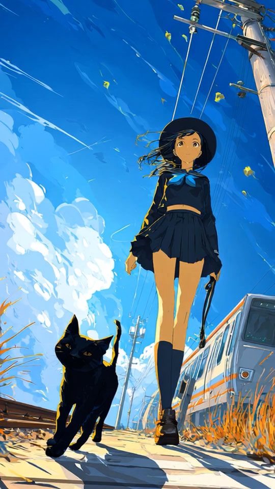 Anime illustration of a girl in a school uniform and a black cat walking along train tracks under a bright blue sky