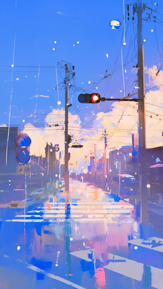 An impressionistic anime-style painting of a snowy Japanese street corner with a crosswalk and traffic lights