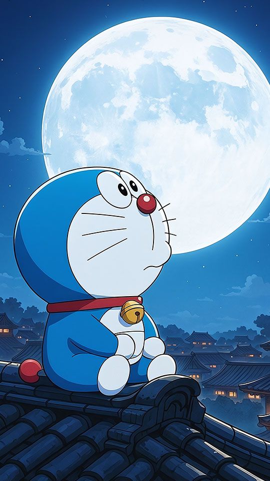 Doraemon, the blue robotic cat from the anime, sits on a tiled roof at night, looking up at a bright and detailed full moon