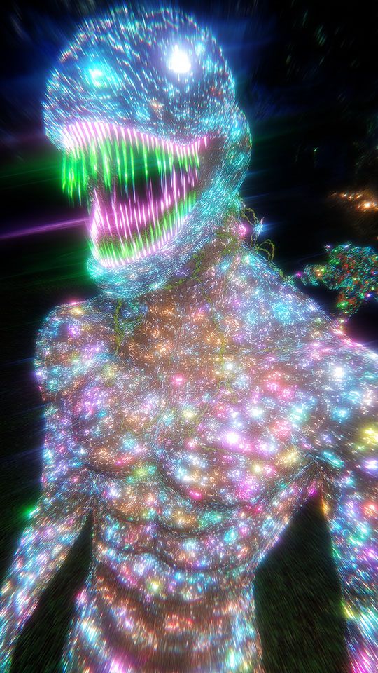 An abstract humanoid figure made of sparkling, rainbow-colored glitter and light, with a wide, toothy grin glowing green against a dark background.