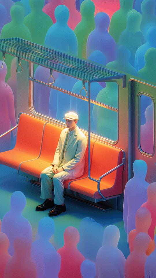 An artistic image of a man in a white suit sitting alone on an orange subway bench, surrounded by a crowd of ghostly, colorful, and translucent figures.