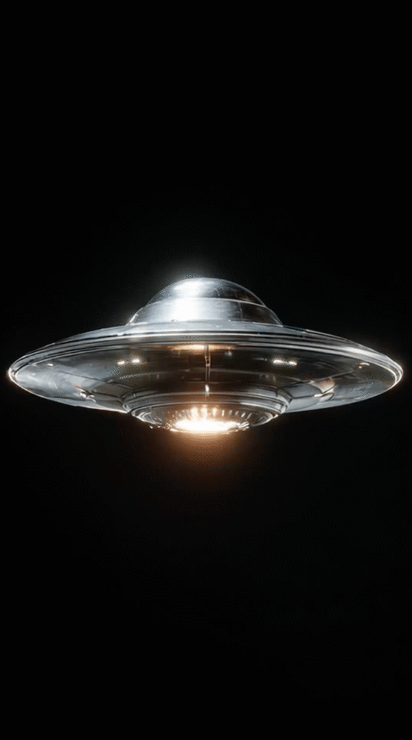 A detailed close-up of a silver, chrome-like UFO with a prominent light beam emanating from its center, hovering in a dark, empty space.