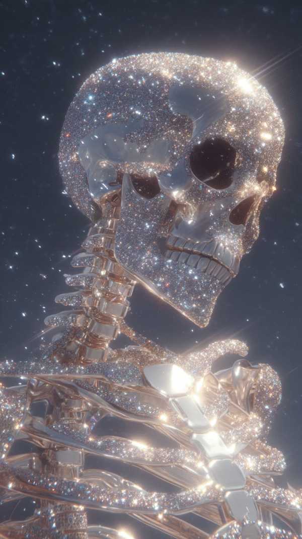 A skeleton made of precious metal and covered in sparkling diamonds under a starry sky.