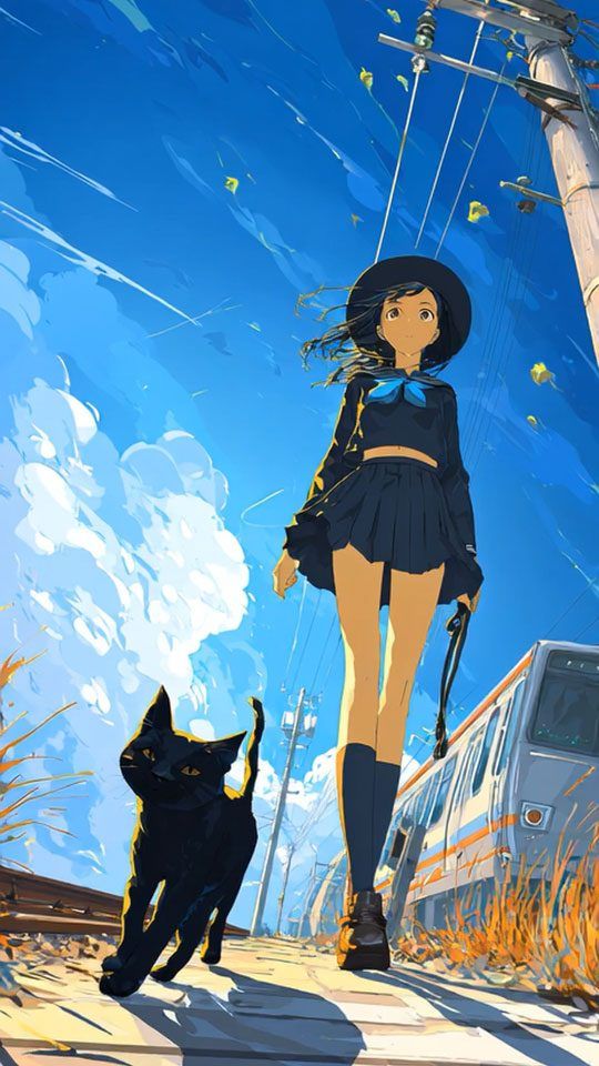 Anime illustration of a girl in a school uniform and a black cat walking along train tracks under a bright blue sky