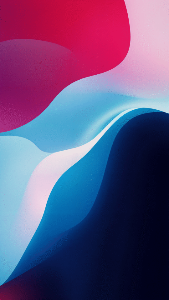 Minimalist iPhone wallpaper with a futuristic design, showing smooth, abstract waves in pink, blue, and navy colors.