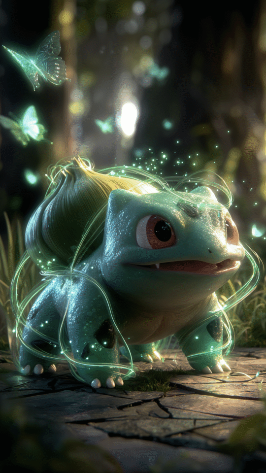 Realistic Bulbasaur in a magical forest, surrounded by glowing butterflies and ethereal light.