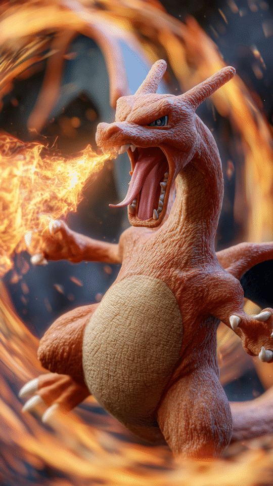 The Pokémon Charizard roars while breathing a stream of orange fire.