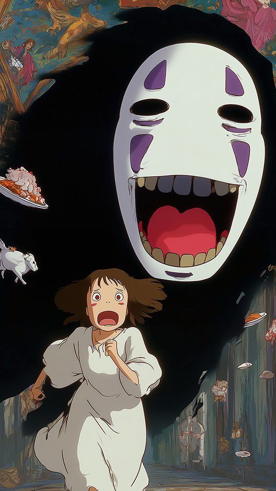 Chihiro runs from a rampaging No-Face in a chaotic scene from the anime film Spirited Away.