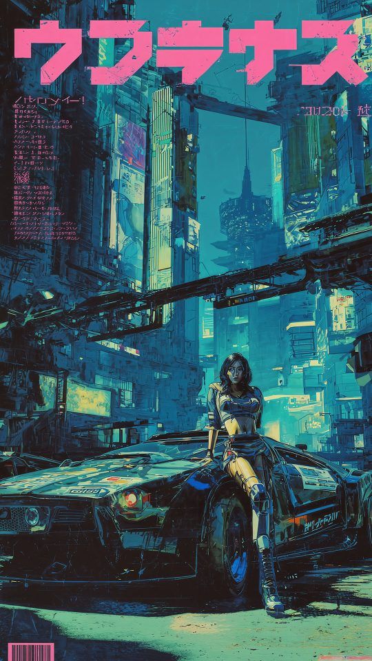 A neon-lit cyberpunk cityscape featuring a woman posing on a futuristic car