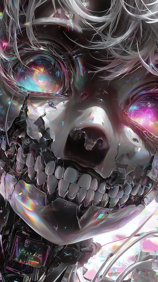 Close-up of a detailed cyberpunk chrome skull with bared teeth and vibrant, glowing kaleidoscopic eyes.
