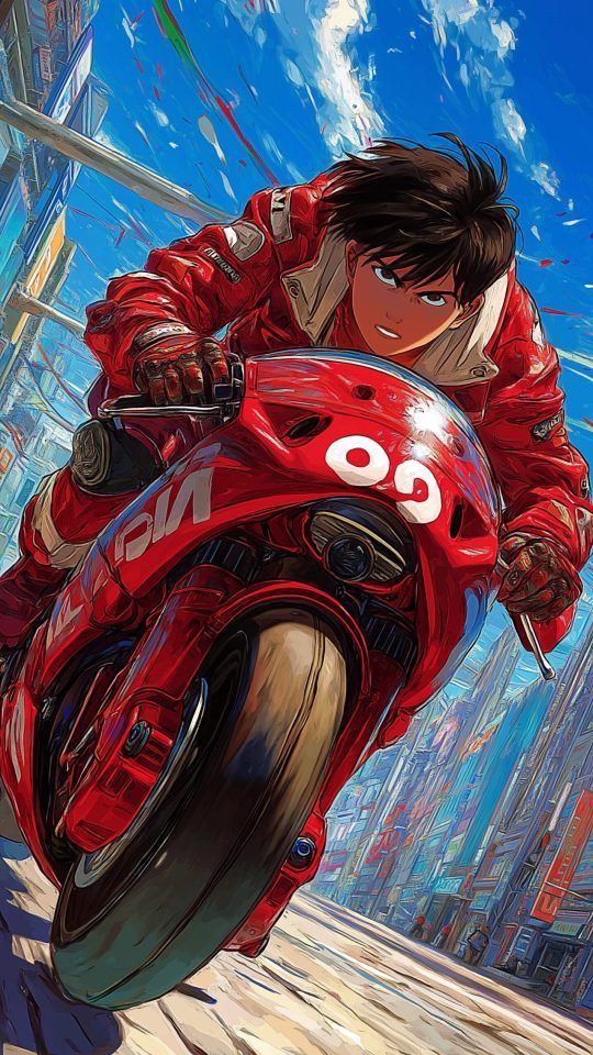 Shotaro Kaneda from Akira looks intensely ahead while riding his powerful red motorcycle through a detailed, futuristic city.