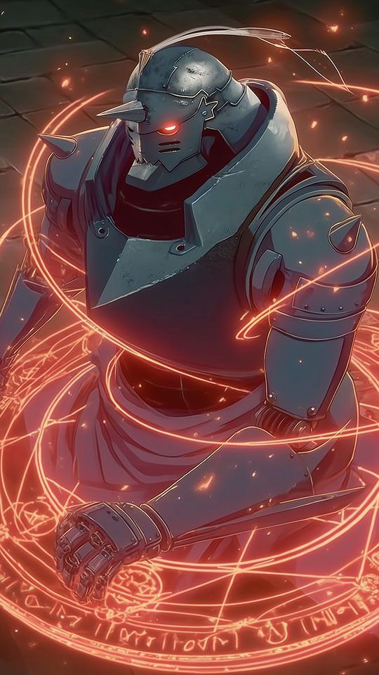 Alphonse Elric, a large metal suit of armor from Fullmetal Alchemist, stands with glowing red eyes amidst a complex, glowing red transmutation circle