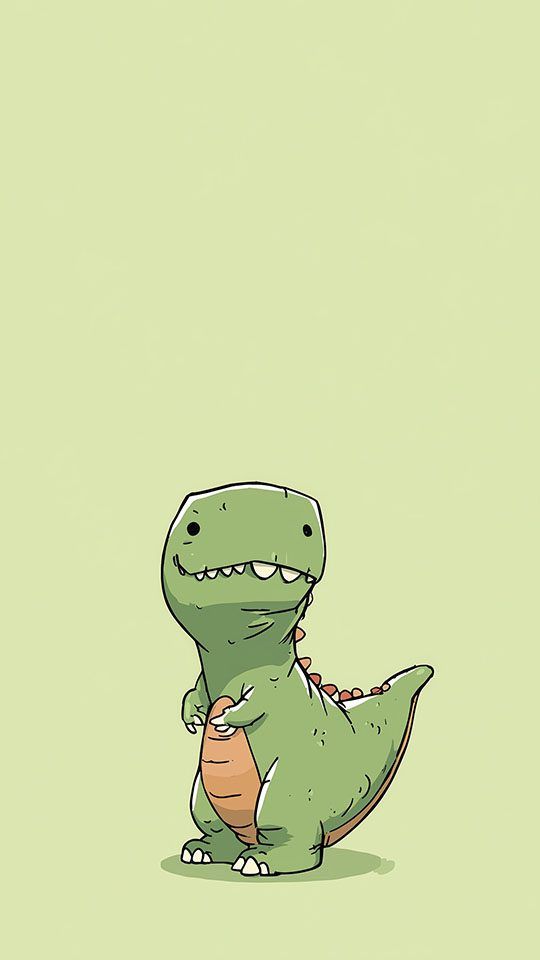 A full-body illustration of a cute, green cartoon T-Rex with a happy expression and small arms, standing on a pale green background