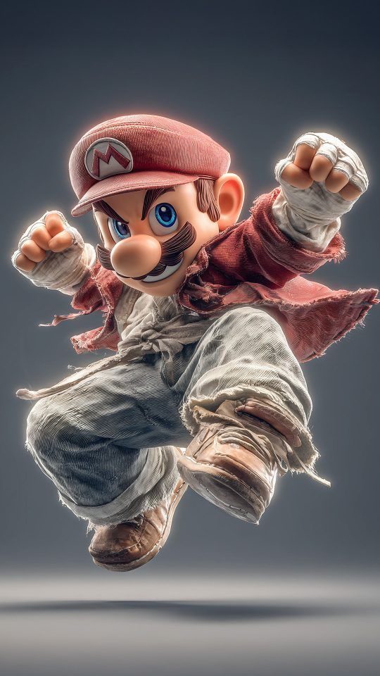 Dynamic 3D render of Mario jumping with clenched fists and a determined look, wearing worn and bandaged clothing, suggesting a fighter.