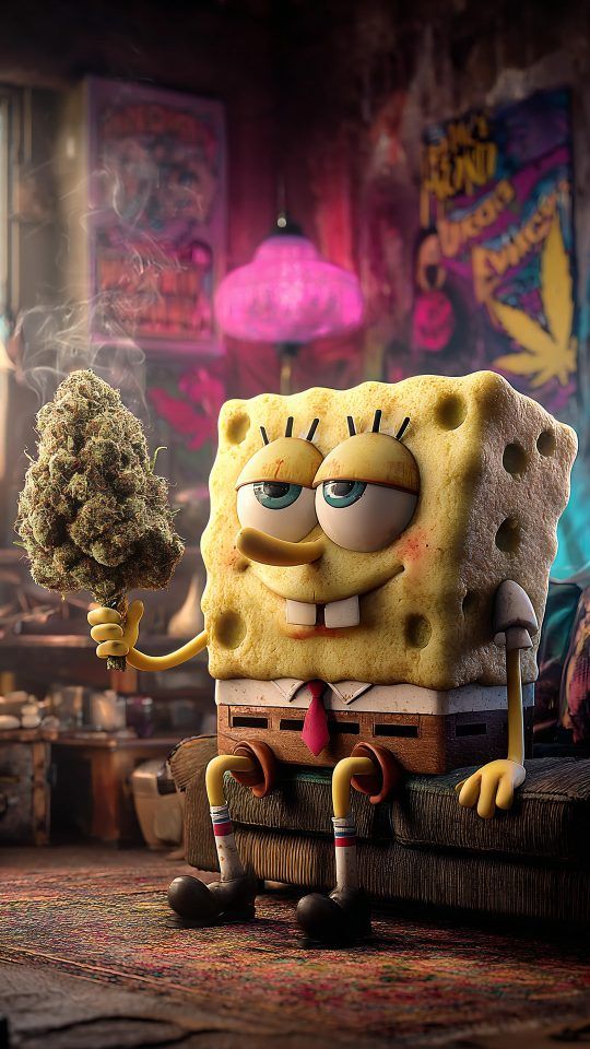 Realistic-style SpongeBob sitting on a couch in a psychedelic room