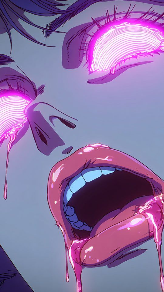 A close-up illustration of a woman's face with eyes glowing with pink concentric rings of light. Pink liquid drips from her eyes and her open mouth.