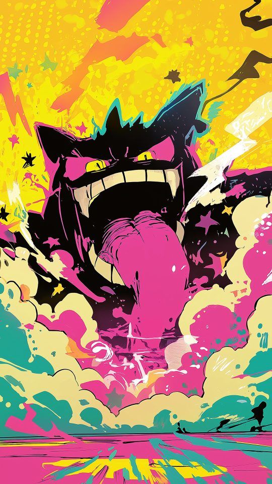Neon illustration of Gengar roaring amid colorful clouds and stars in a comic style.