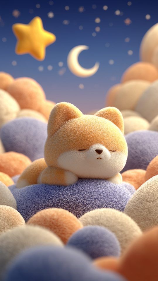 Cute 3D animal sleeping on colorful clouds under a night sky with a moon