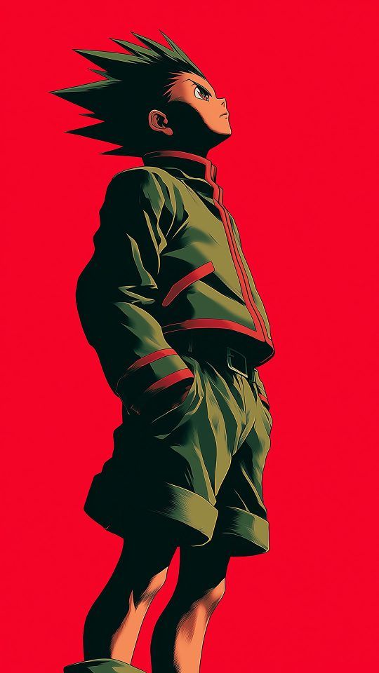 Gon, looking up against a bright red background.