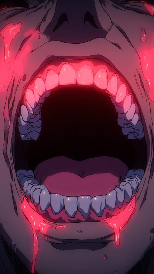 Extreme close-up of a screaming mouth, with the teeth and gums illuminated by a vivid pink glow as a matching liquid drips down.