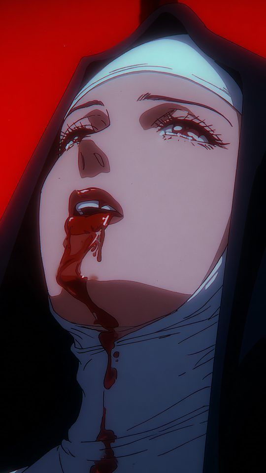An anime-style illustration of a nun looking up with tears in her eyes as blood drips from her mouth against a dark red background.