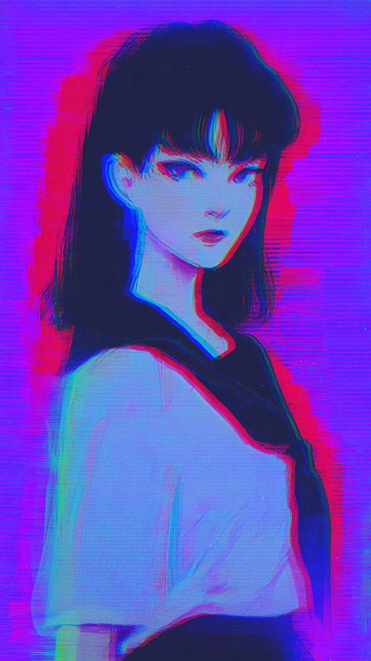 A portrait of a girl with dark hair, rendered with a purple, blue, and red glitch effect that distorts the image