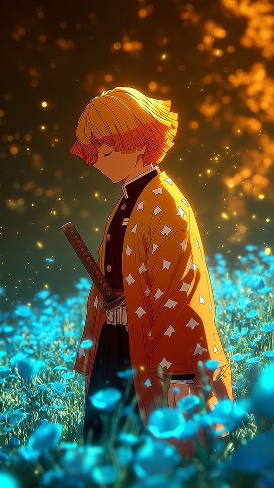 Zenitsu Agatsuma from Demon Slayer stands calmly with his eyes closed in a field of vibrant blue flowers, with golden light particles floating around him.