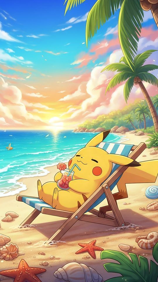 Pikachu relaxing on a beach chair with a drink at sunset.