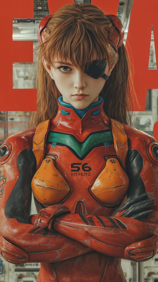 Asuka from Evangelion crossing arms with the letters "EVA" behind her